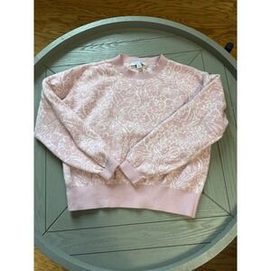Ann Taylor Weekend Pink Floral Jacquard Pointelle Knit Crewneck Sweater Small